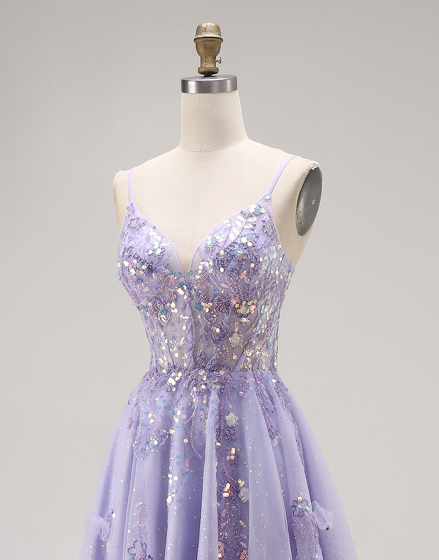 Sparkly Light Purple Sequins Spaghetti Straps Long Corset Prom Dress with Slit