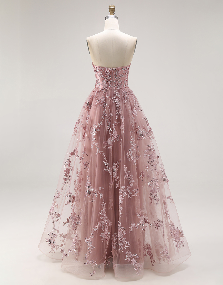Sparkly Dusty Rose Floral Tulle Sweetheart Long Prom Dress with Slit