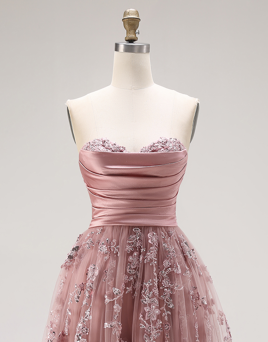 Sparkly Dusty Rose Floral Tulle Sweetheart Long Prom Dress with Slit