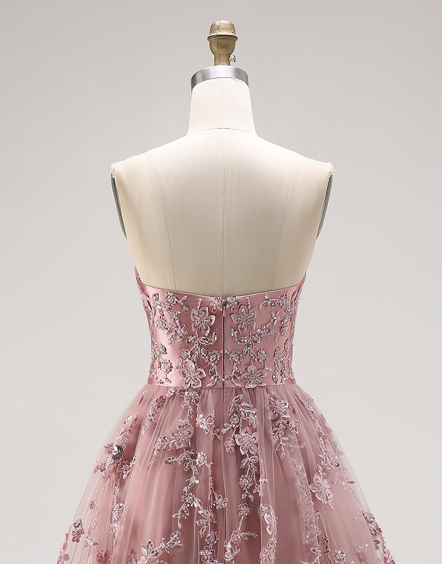 Sparkly Dusty Rose Floral Tulle Sweetheart Long Prom Dress with Slit