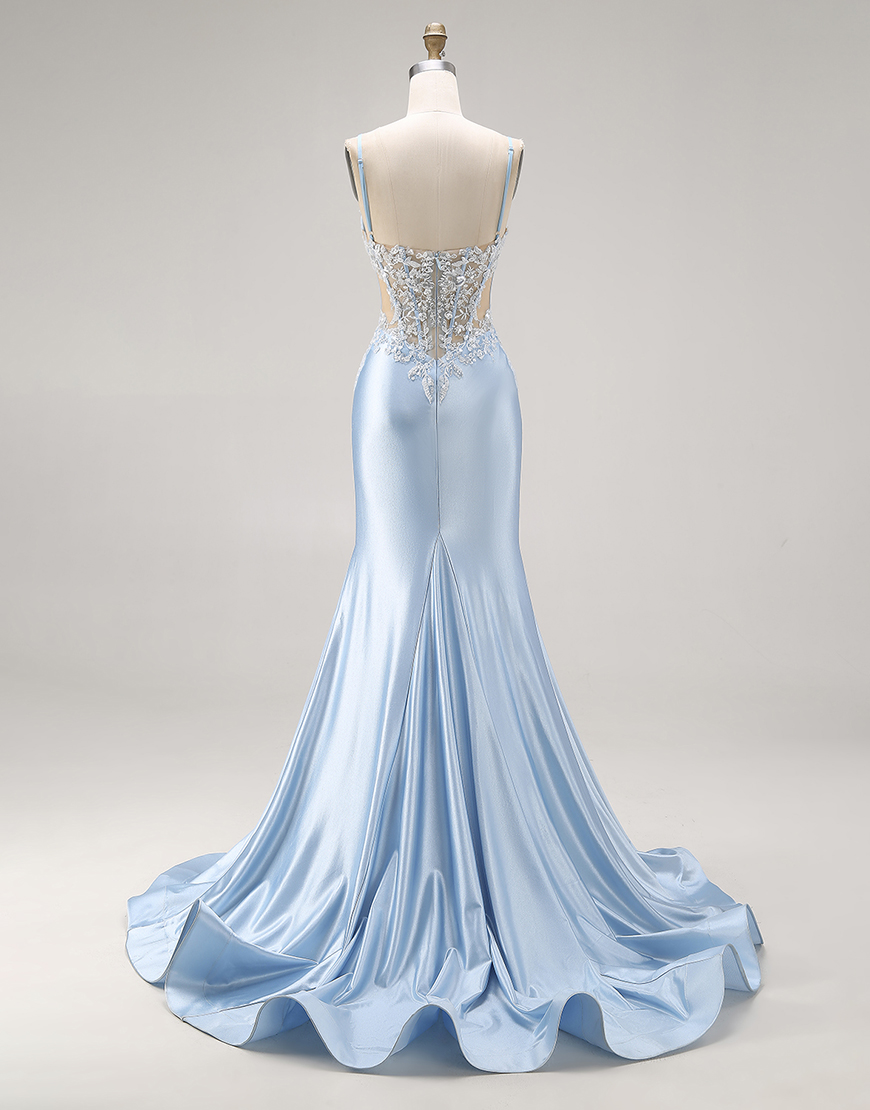 Sky Blue Satin Cut Out Mermaid Long Corset Prom Dress with Appliques