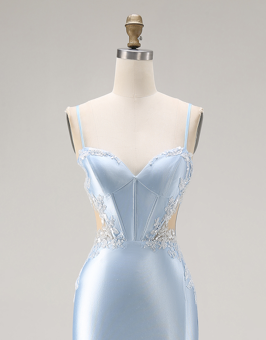 Sky Blue Satin Cut Out Mermaid Long Corset Prom Dress with Appliques