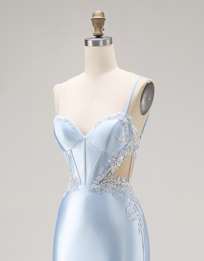 Sky Blue Satin Cut Out Mermaid Long Corset Prom Dress with Appliques