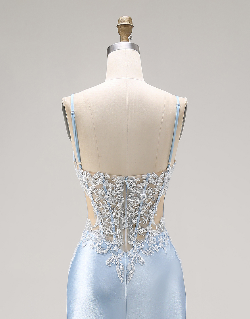 Sky Blue Satin Cut Out Mermaid Long Corset Prom Dress with Appliques