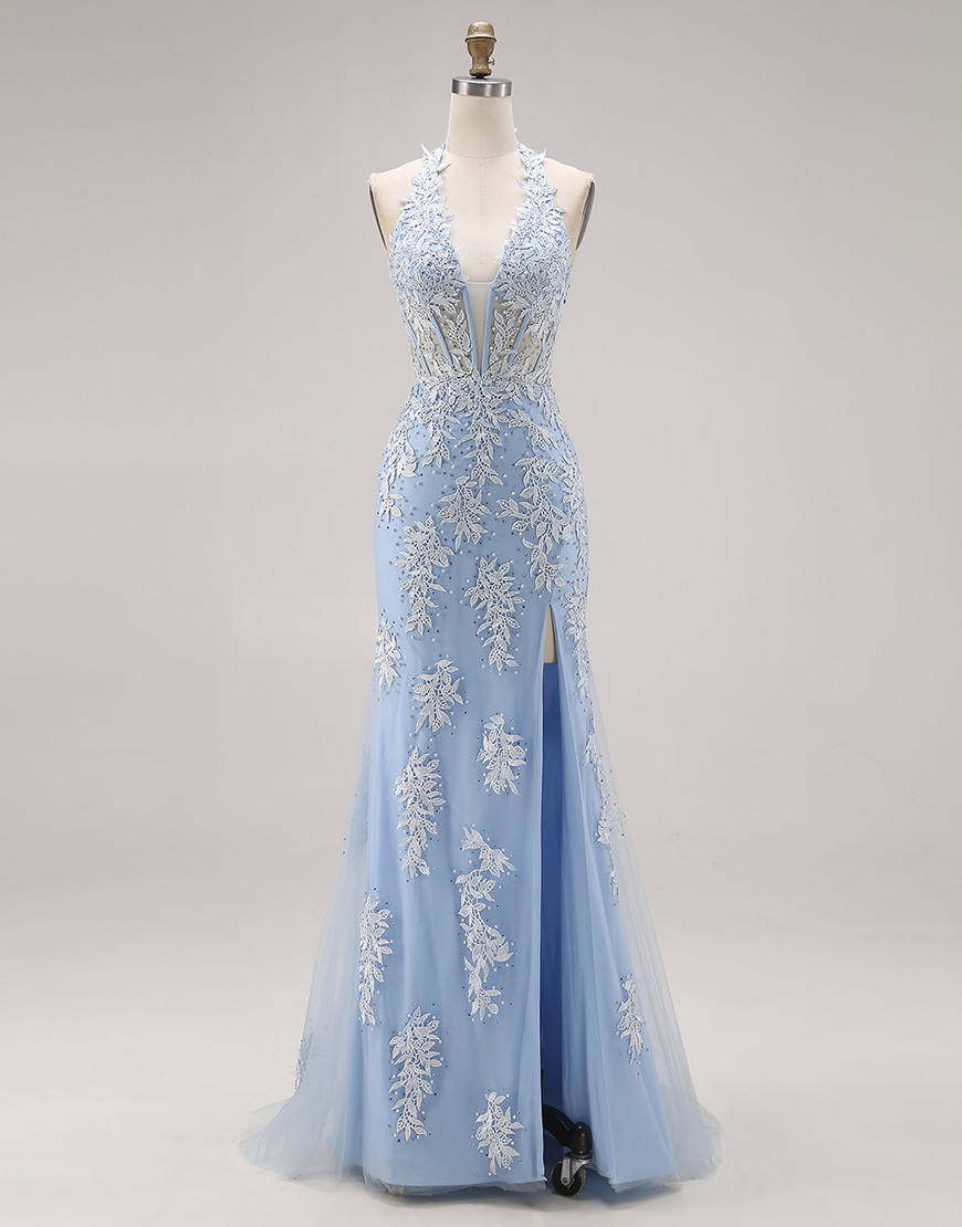 Sky Blue Appliqued Mermaid Halter Long Corset Prom Dress with Slit