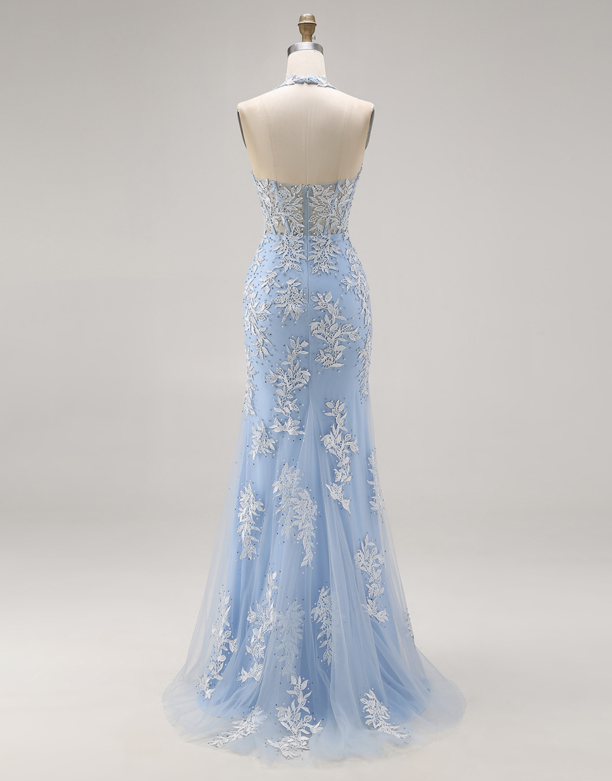 Sky Blue Appliqued Mermaid Halter Long Corset Prom Dress with Slit