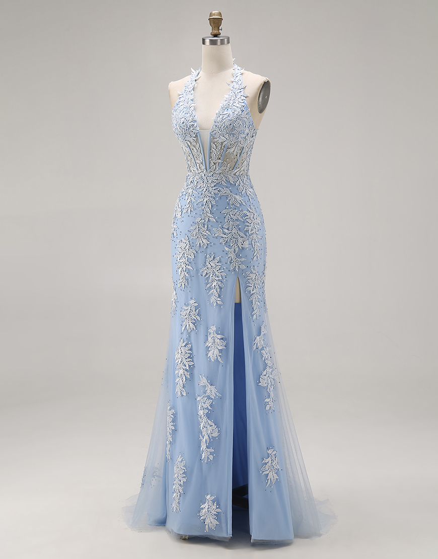 Sky Blue Appliqued Mermaid Halter Long Corset Prom Dress with Slit