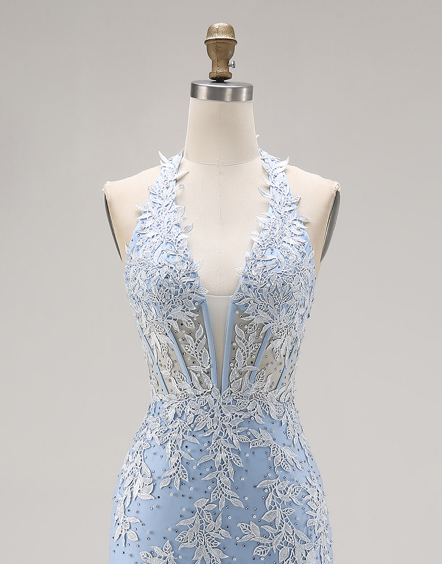 Sky Blue Appliqued Mermaid Halter Long Corset Prom Dress with Slit