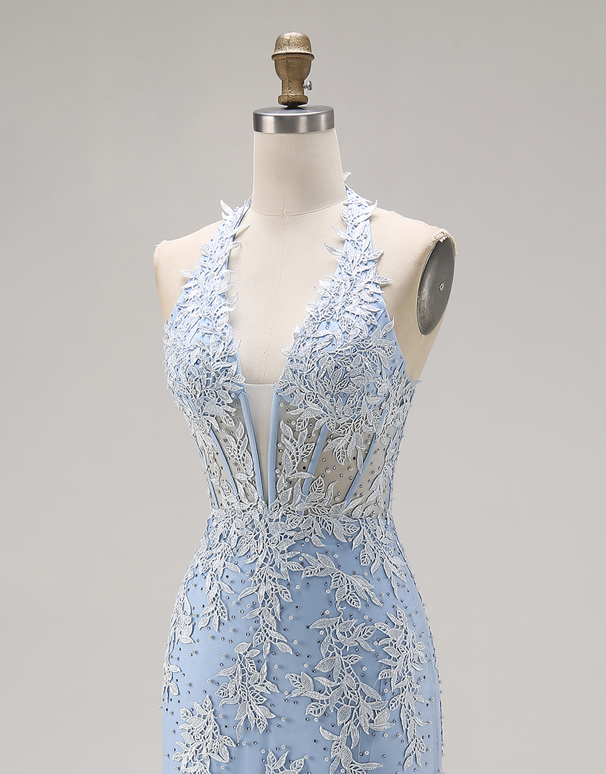 Sky Blue Appliqued Mermaid Halter Long Corset Prom Dress with Slit