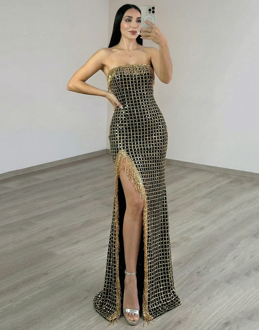 Sparkly Black Golden Fringed Mermaid Beaded Strapless Long Prom Dress with Slit