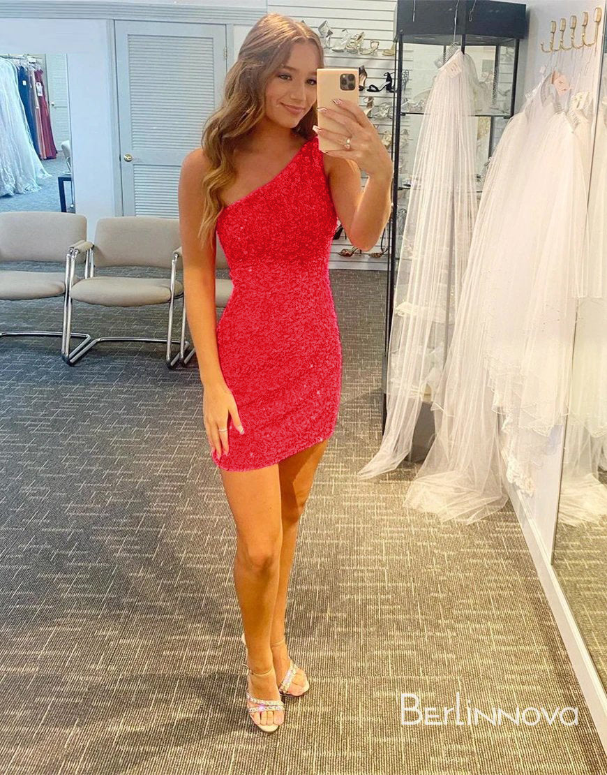 Glitter One-Shoulder Hot Pink Homecoming Dress With Sequins
