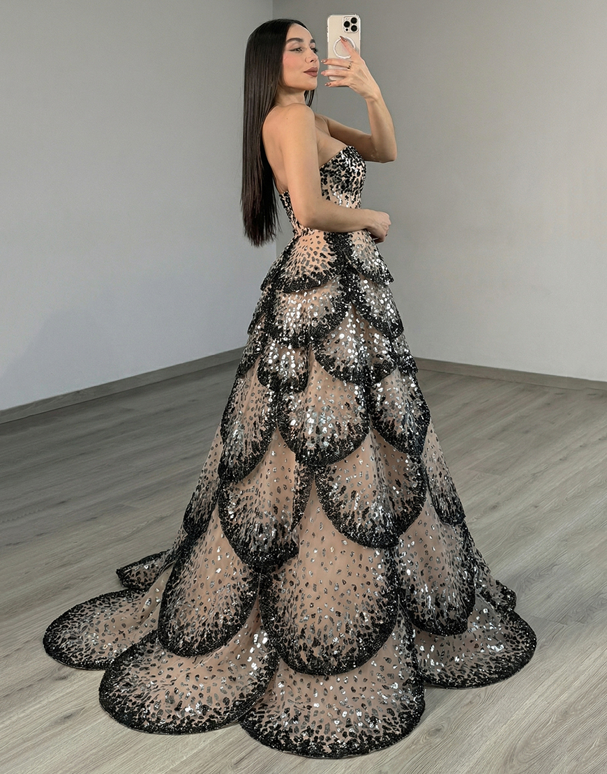 Sparkly Black Apricot Ruffled Strapless A Line Long Prom Dress with Sequin