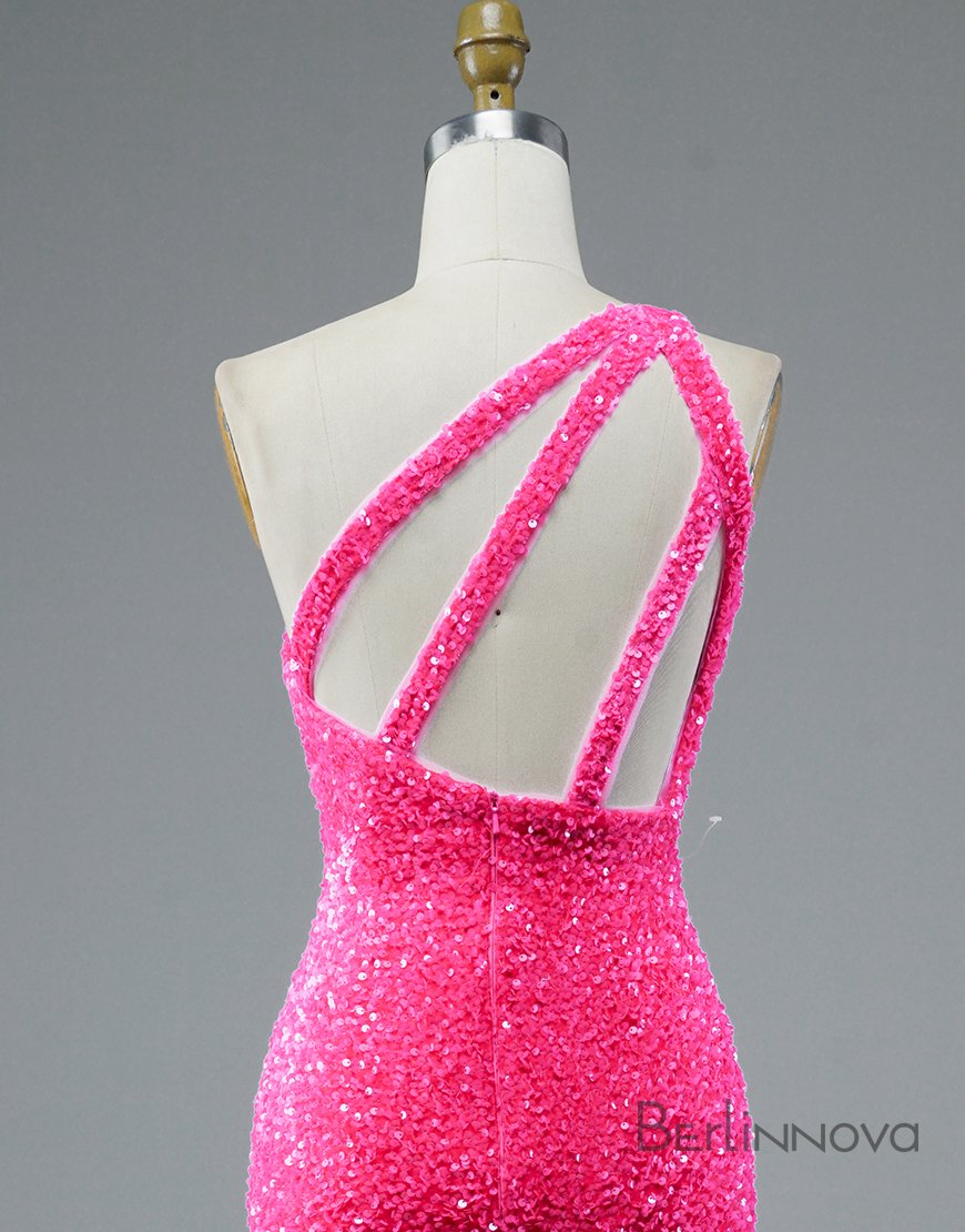Hot Pink Mermaid Glitter One-Shoulder Backless Prom Dress With Sequins