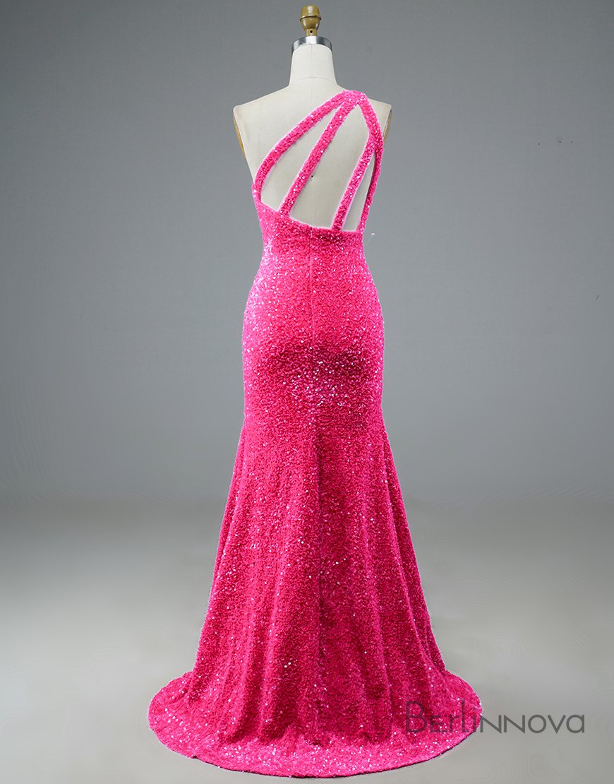 Hot Pink Mermaid Glitter One-Shoulder Backless Prom Dress With Sequins