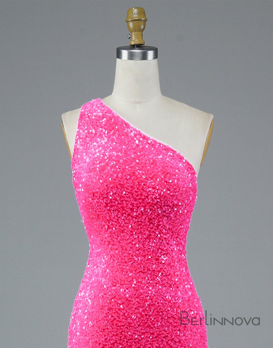 Hot Pink Mermaid Glitter One-Shoulder Backless Prom Dress With Sequins