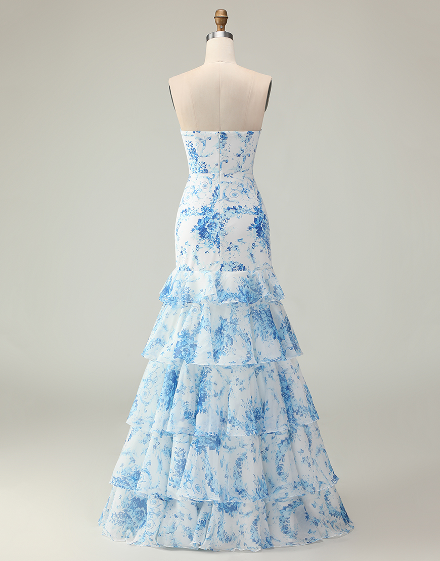 Blue and White Floral Ruffled Mermaid Strapless Long Prom Dress