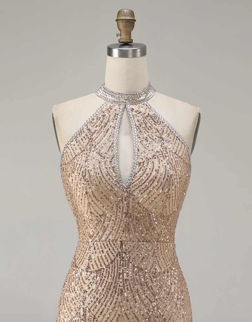 Sparkly Black Halter Neck Mermaid Sequins Long Prom Dress with Slit