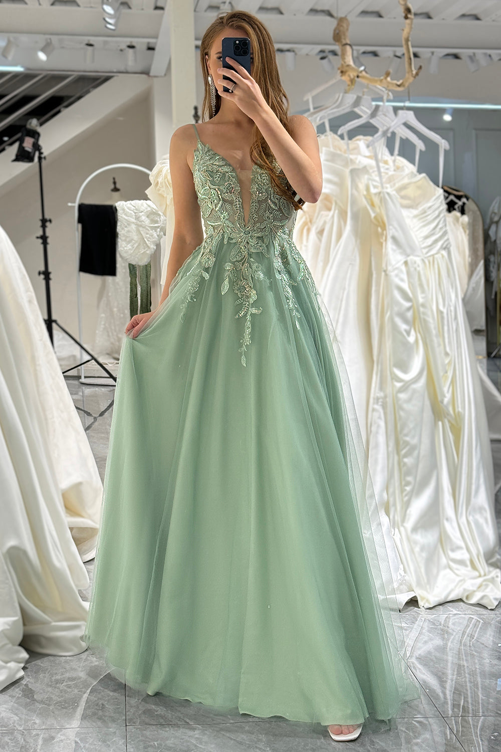 Green A-Line Tulle Backless Long Prom Dress With Glitter Appliques