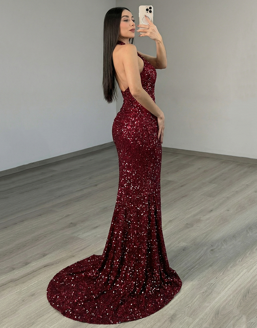Sparkly Burgundy Floral Mermaid Sequin Long Prom Dress with Slit