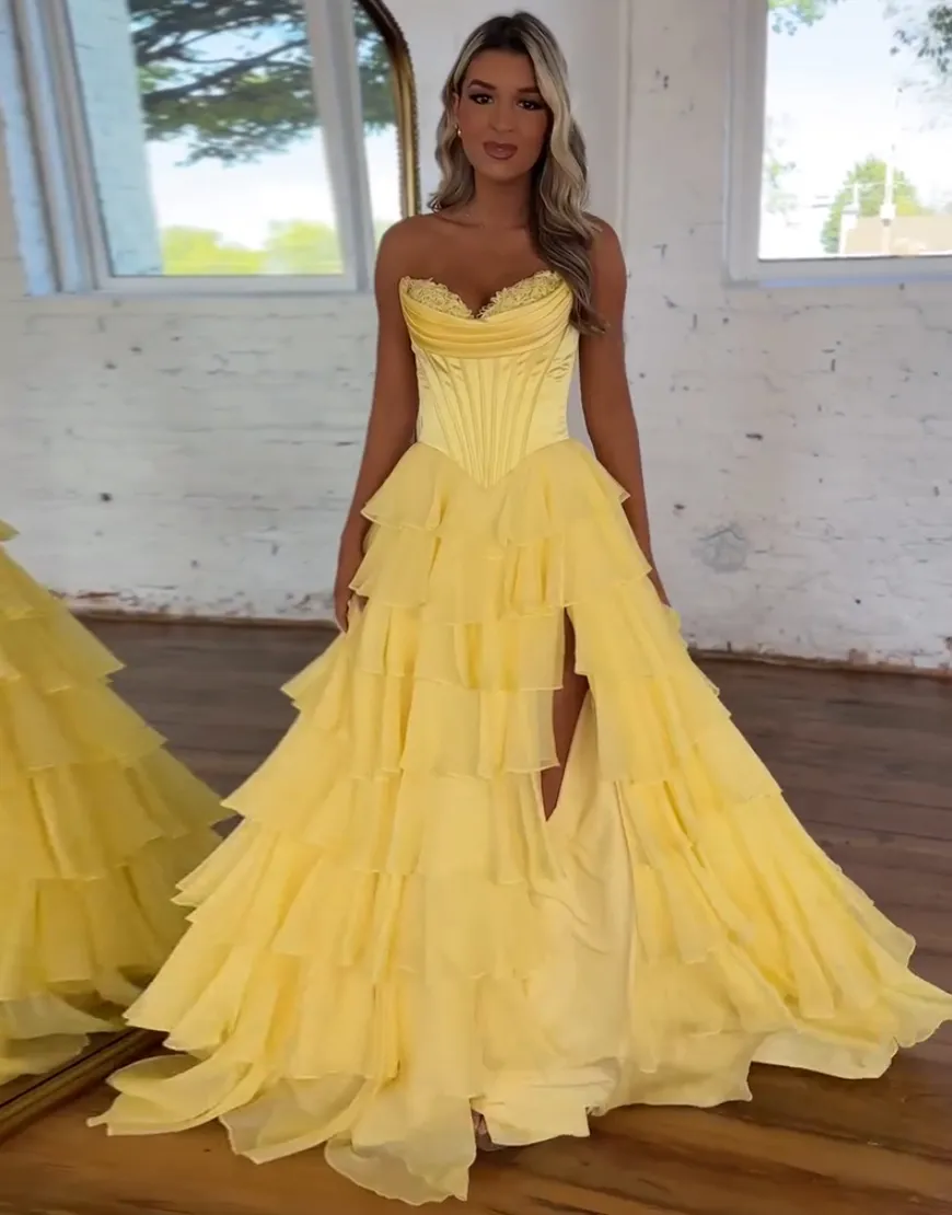 Orange Corset Tiered Strapless Ruffled Long Prom Dress with Slit