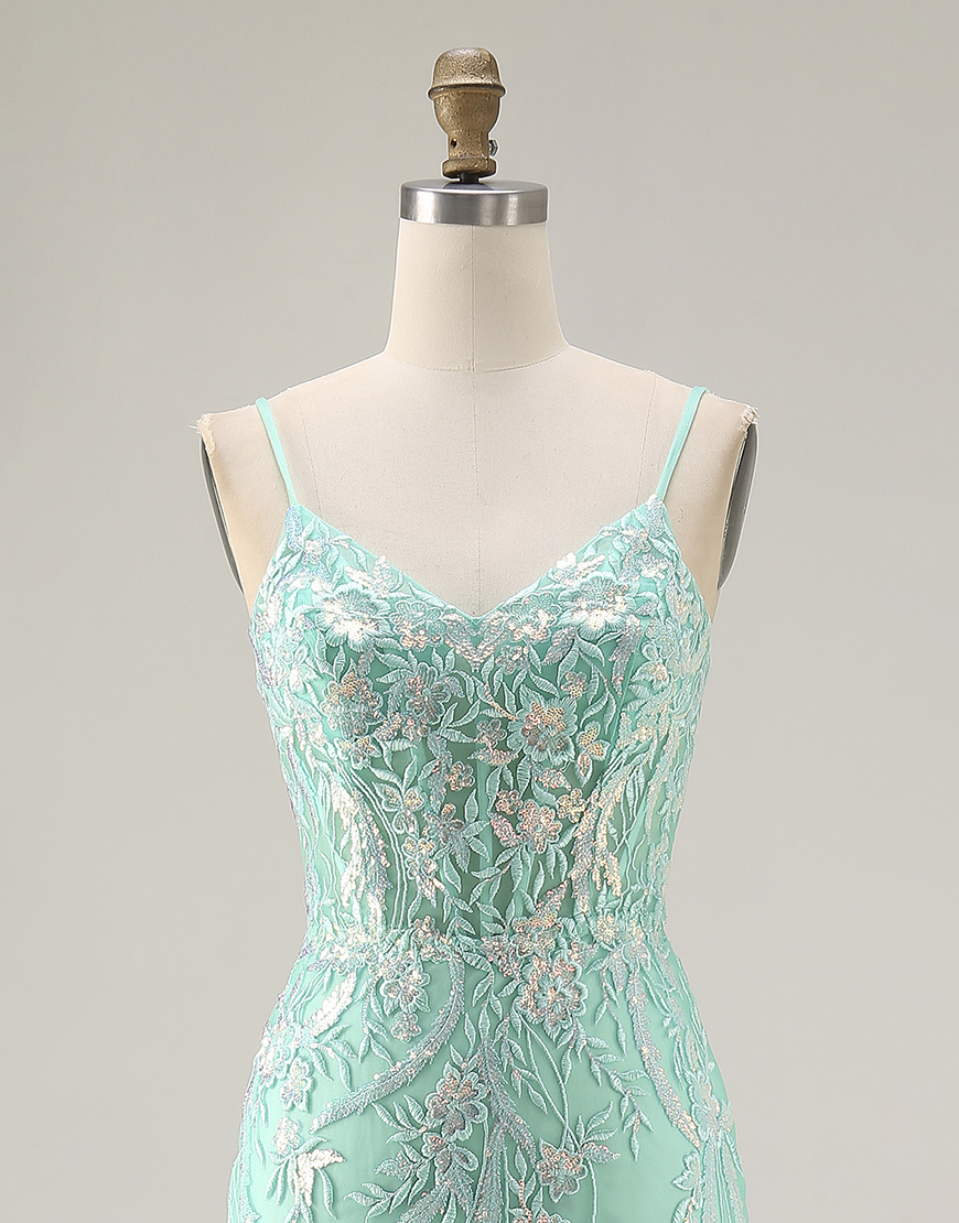 Sparkly Purple Floral Mermaid Lace Spaghetti Straps Long Prom Dress