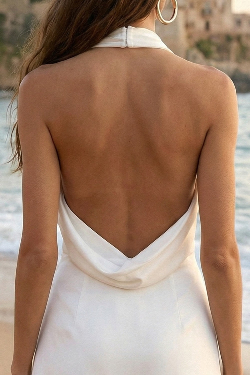 Ivory Satin Halter Neck Asymmetrical Graduation Dress with Slit