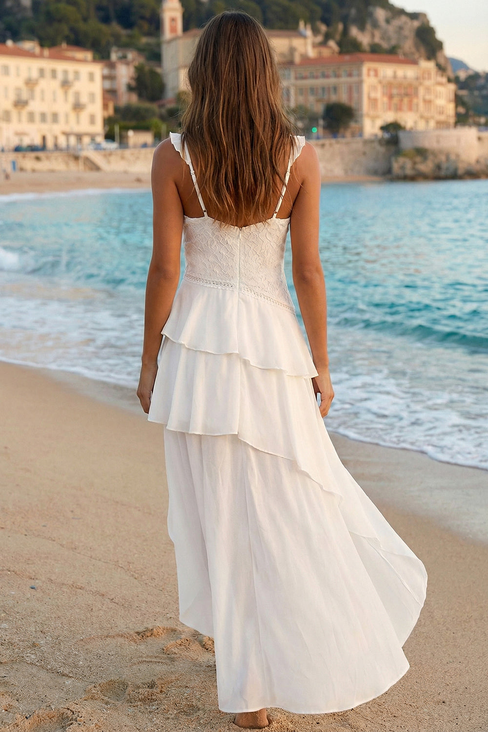 Ivory Tiered A Line V- Neck High-Low Graduation Dress with Ruffles