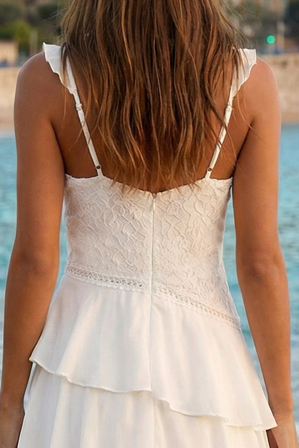 Ivory Tiered A Line V- Neck High-Low Graduation Dress with Ruffles