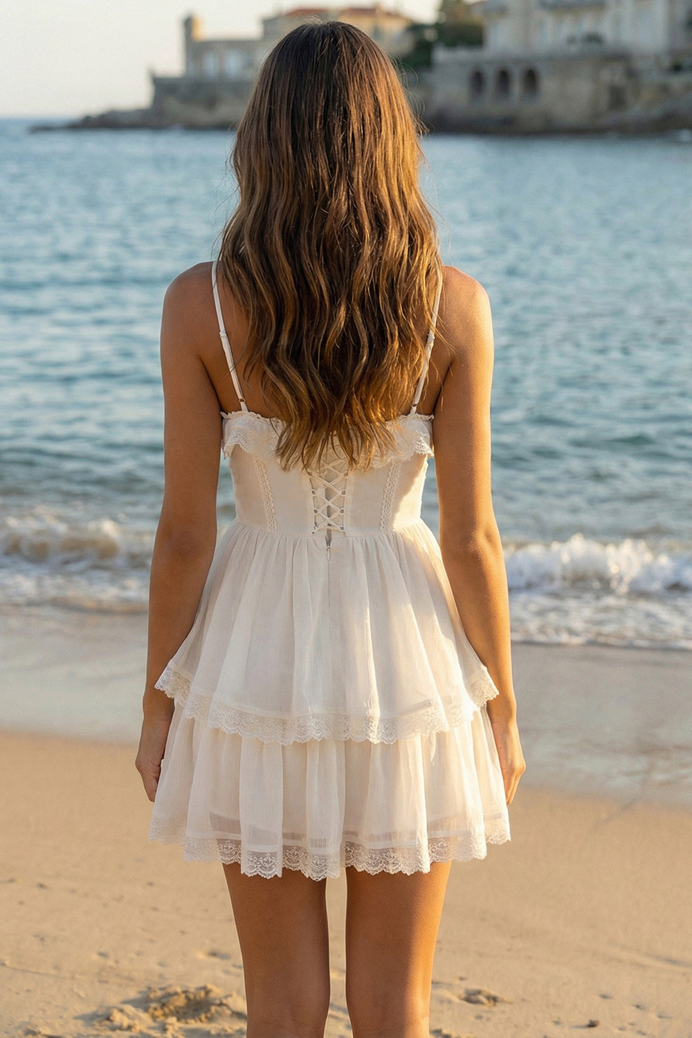 Ivory Spaghetti Straps Tiered A Line Short Graduation Dress with Ruffles