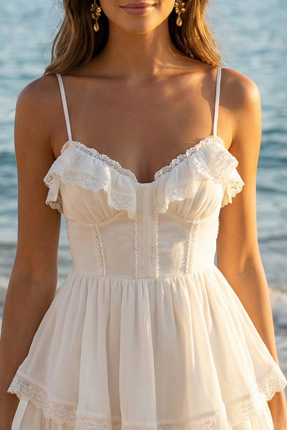 Ivory Spaghetti Straps Tiered A Line Short Graduation Dress with Ruffles