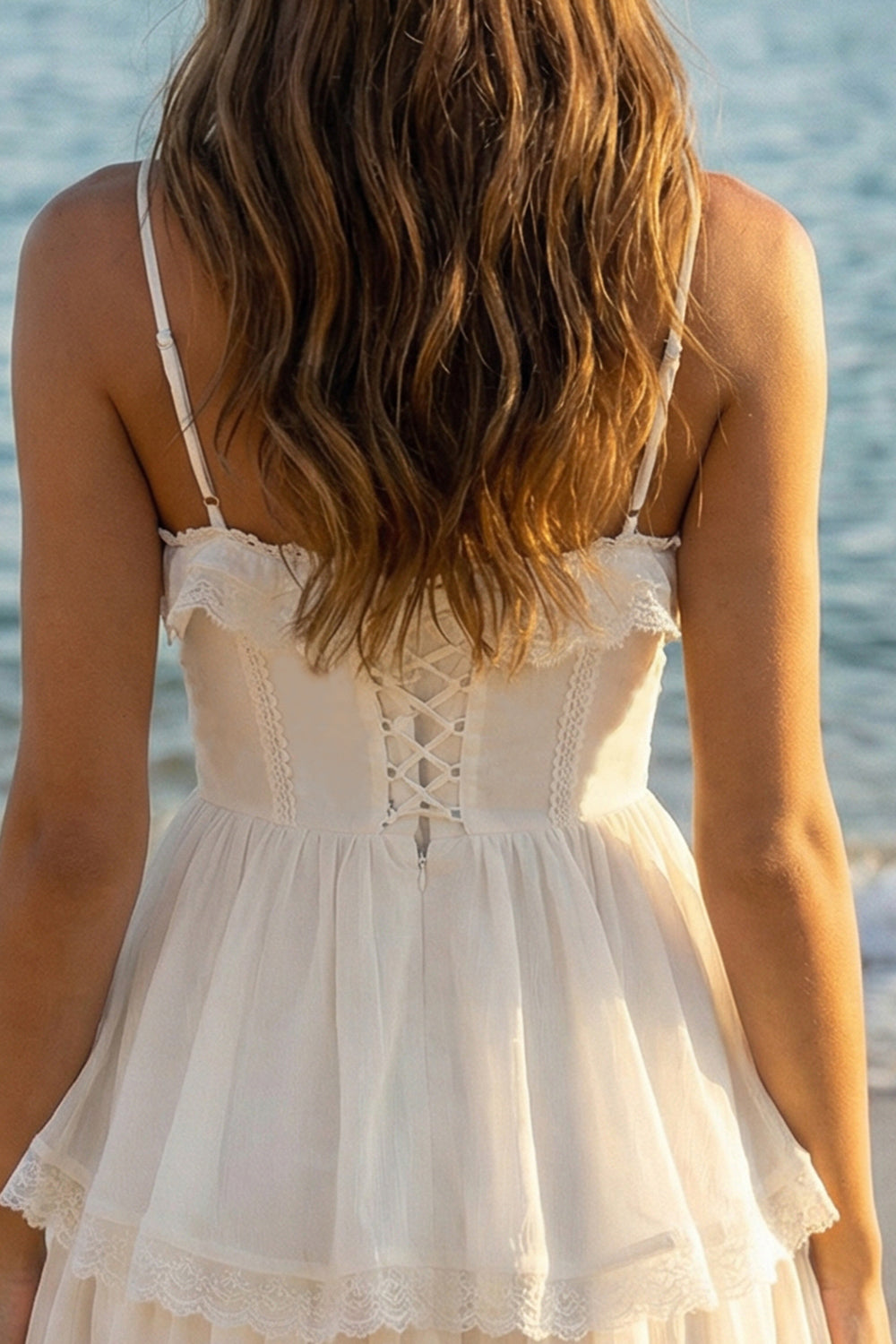 Ivory Spaghetti Straps Tiered A Line Short Graduation Dress with Ruffles