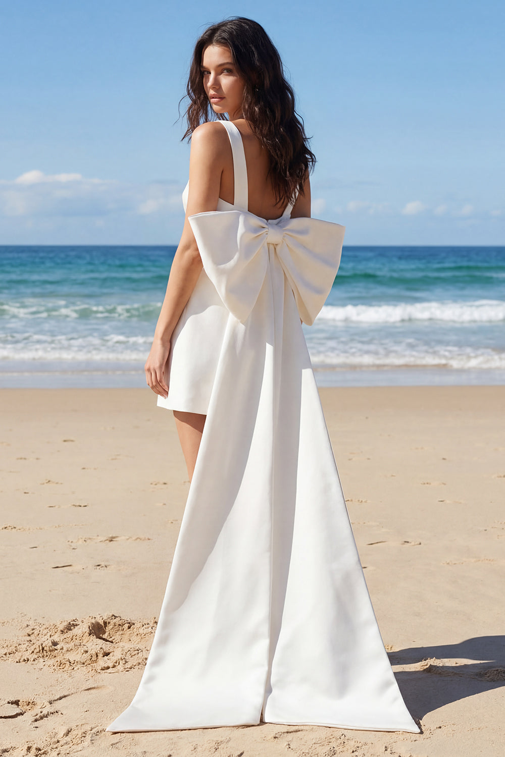 Ivory Bodycon Thick Straps Ruched Short Graduation Dress with Bow