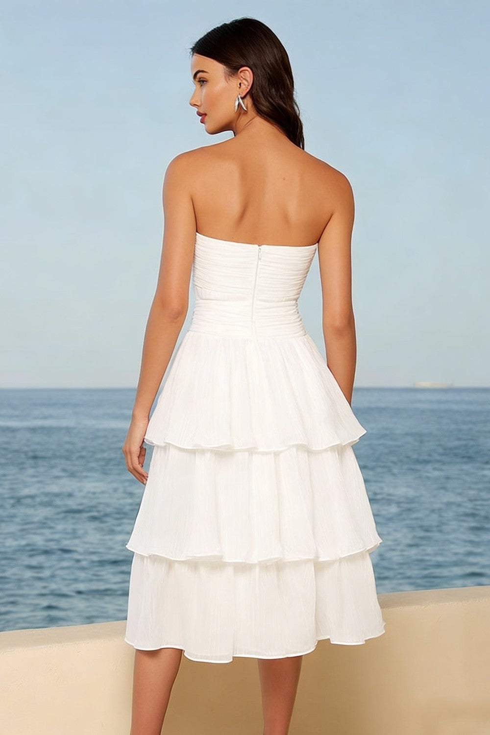 Ivory Strapless A Line Tiered Midi Graduation Dress with Sash