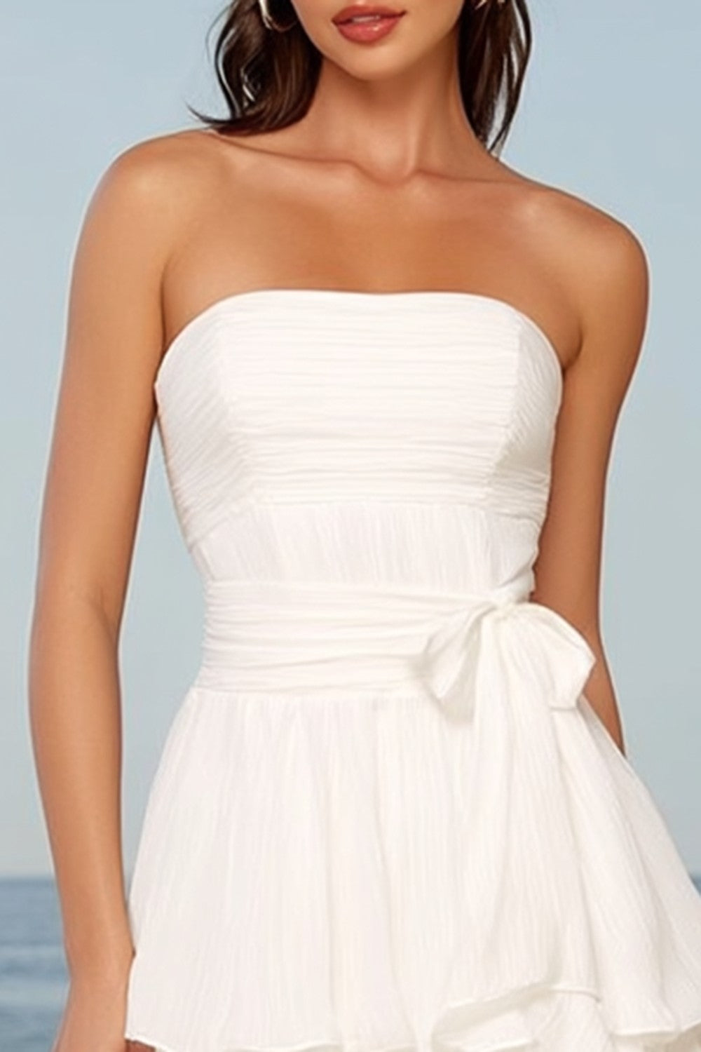 Ivory Strapless A Line Tiered Midi Graduation Dress with Sash
