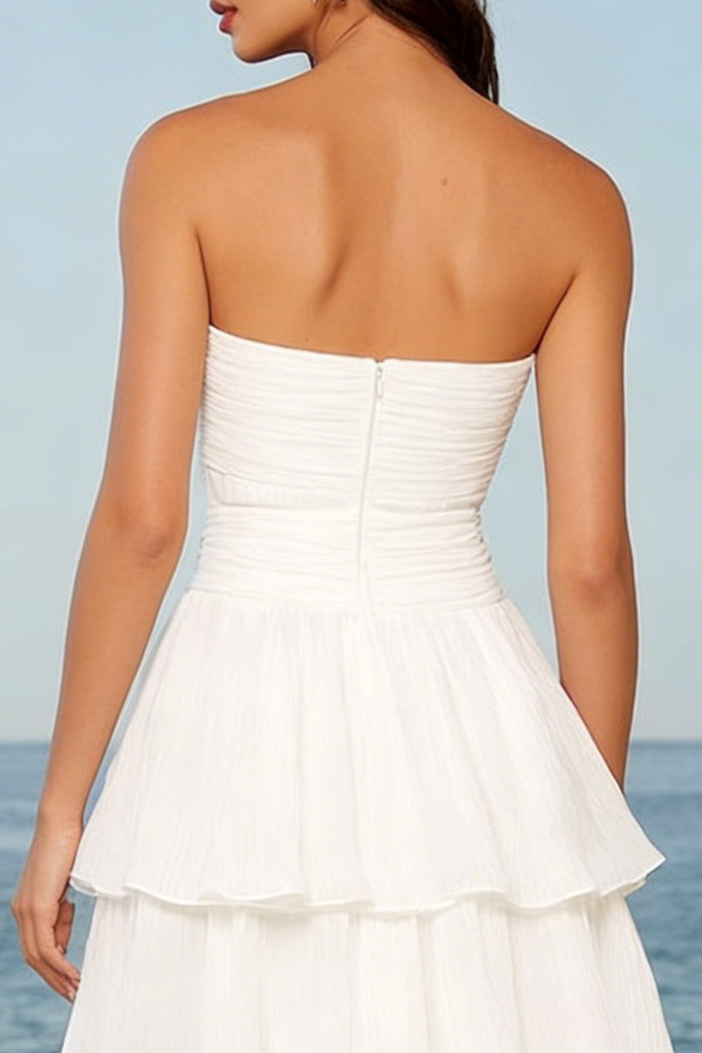 Ivory Strapless A Line Tiered Midi Graduation Dress with Sash