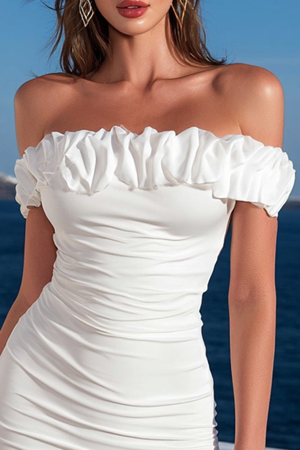Ivory Bodycon Ruched Off the Shoulder Short Graduation Dress with Ruffles