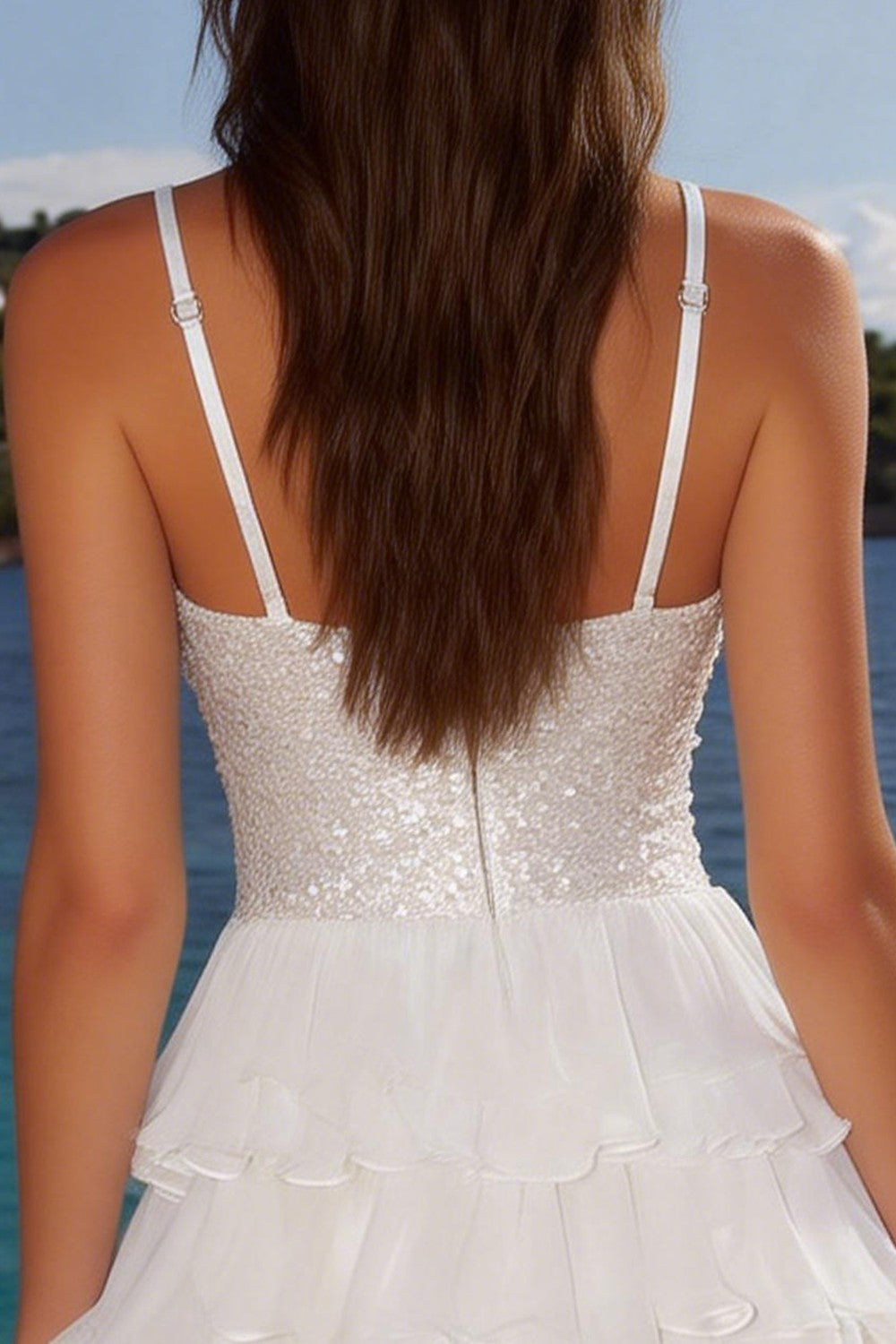 Ivory Sparkly Sequin Tiered A Line Short Graduation Dress
