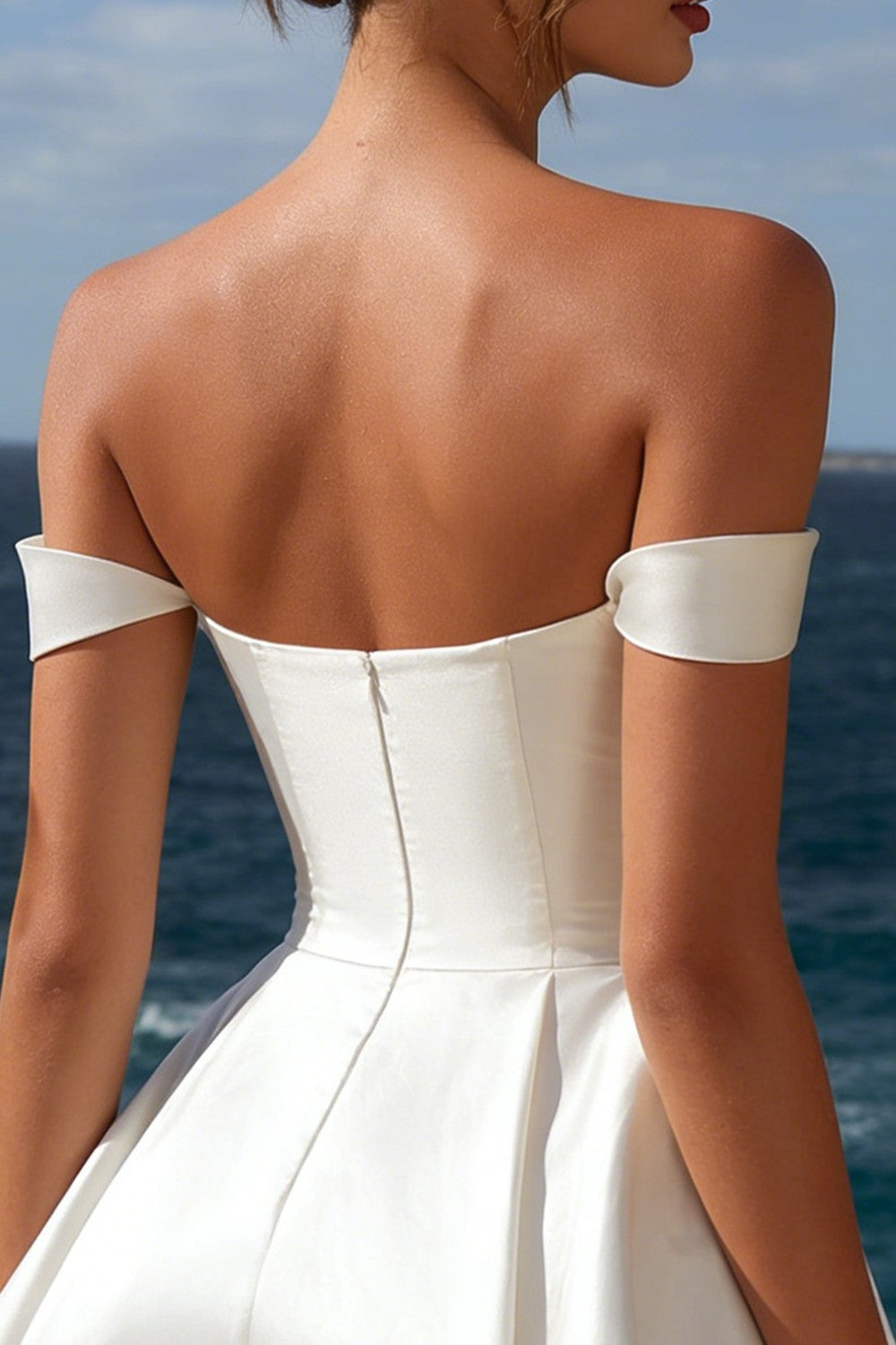 Ivory Off the Shoulder A Line Satin Short Graduation Dress