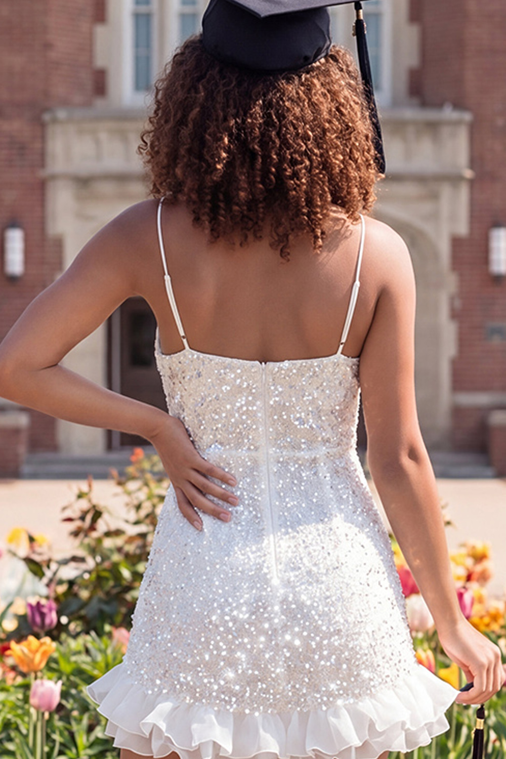 Sparkly Ivory Sequin Ruffled Bodycon Short Graduation Dress