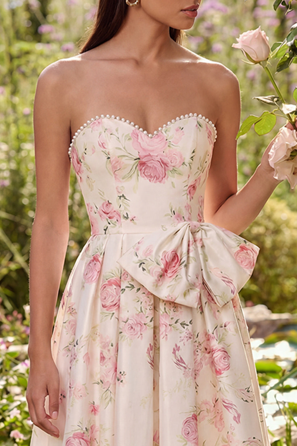 White Pink Flower Sweetheart A Line Long Prom Dress with Pearls