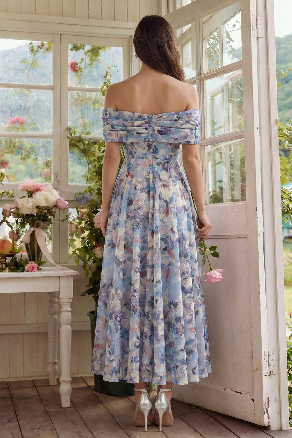 Blue Flower Off the Shoulder A Line Long Prom Dress