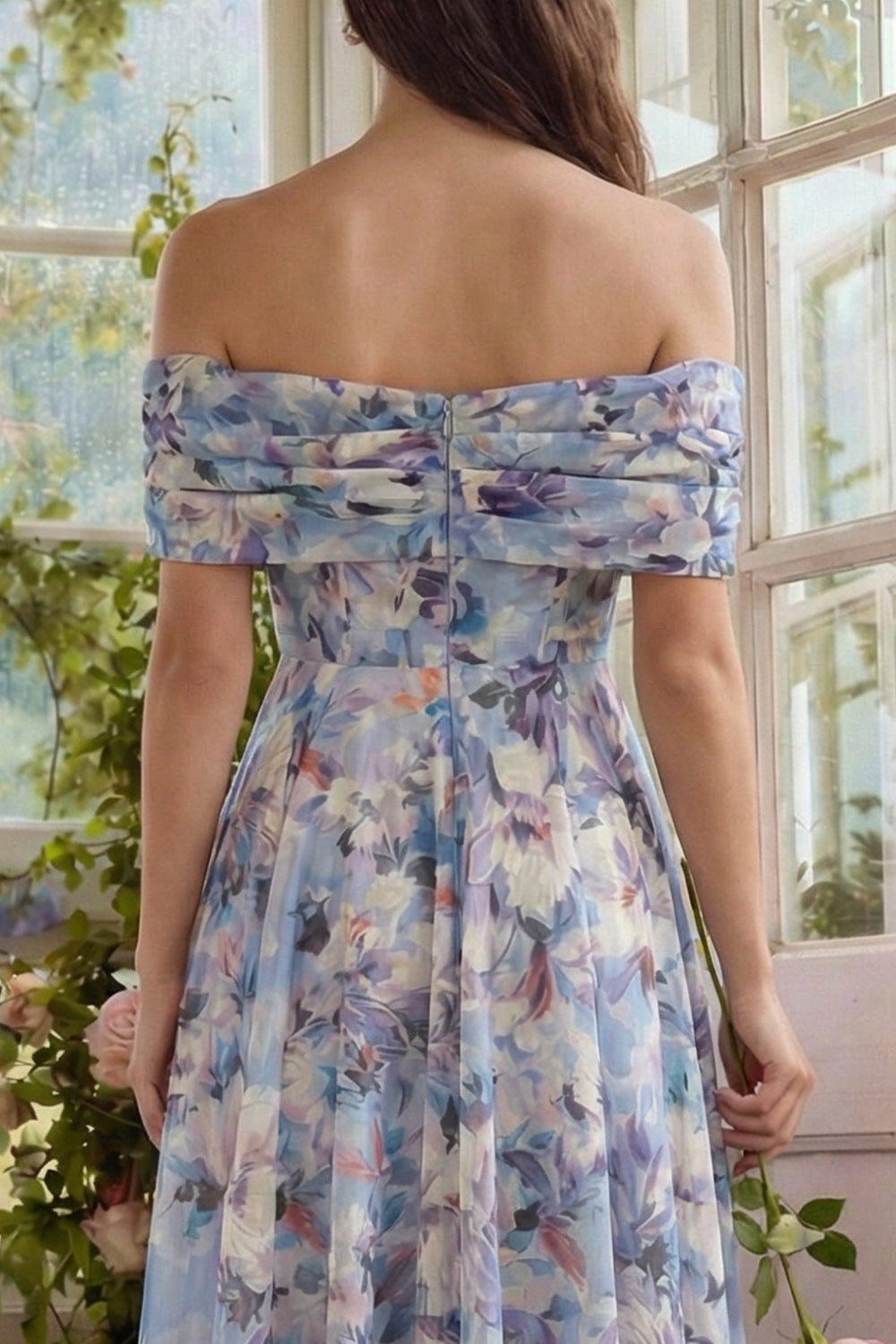 Blue Flower Off the Shoulder A Line Long Prom Dress