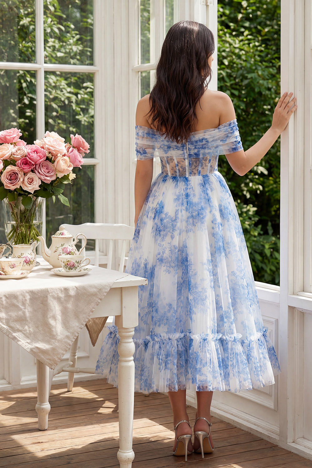 White Blue Flower Tulle A Line Corset Long Prom Dress