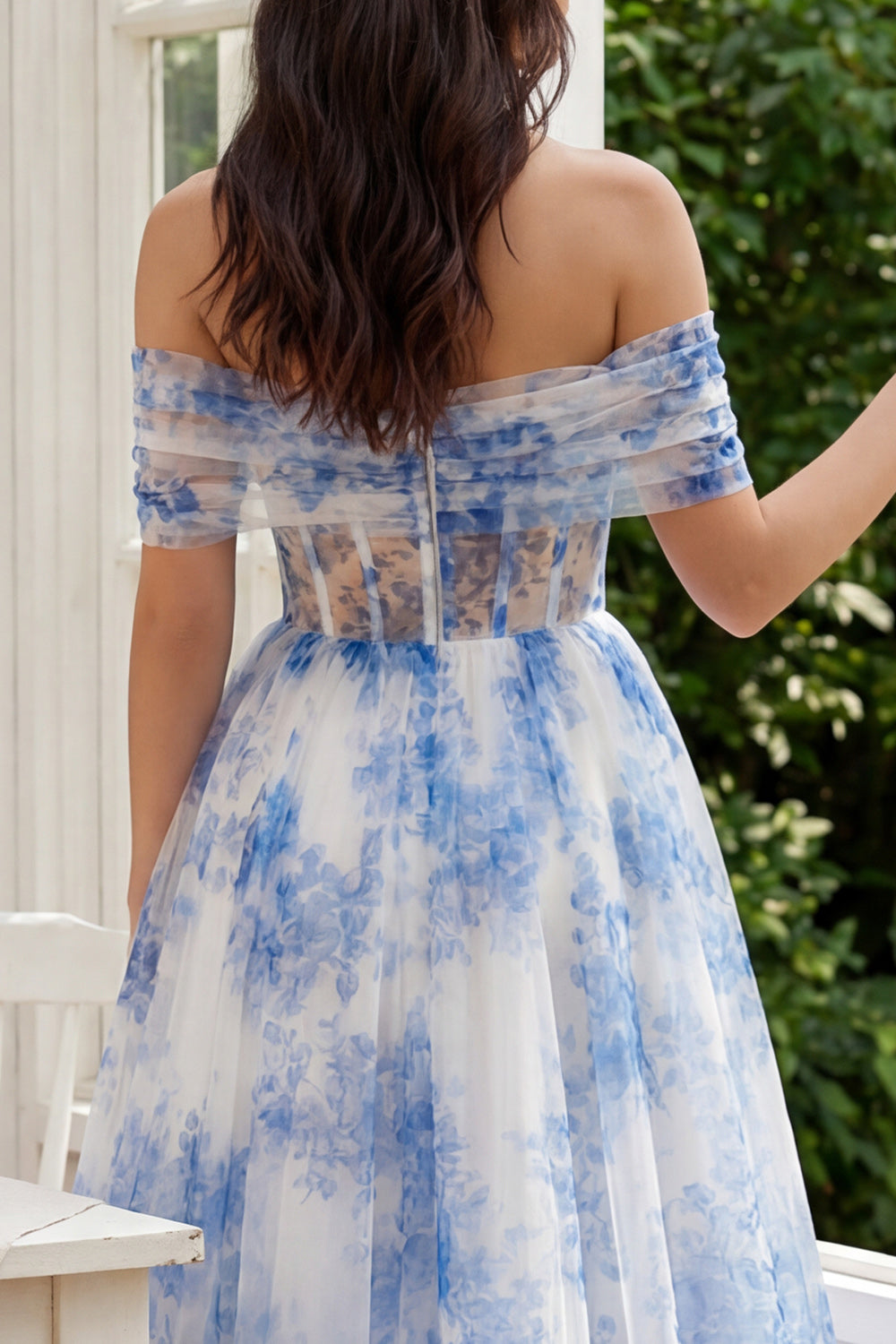 White Blue Flower Tulle A Line Corset Long Prom Dress
