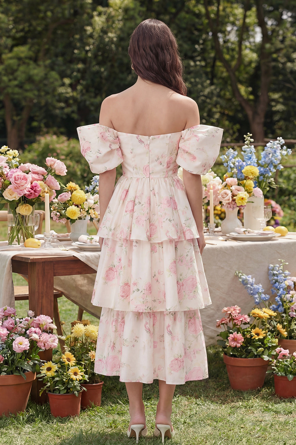 Ruffled White Pink Flower Off the Shoulder Midi Prom Dress