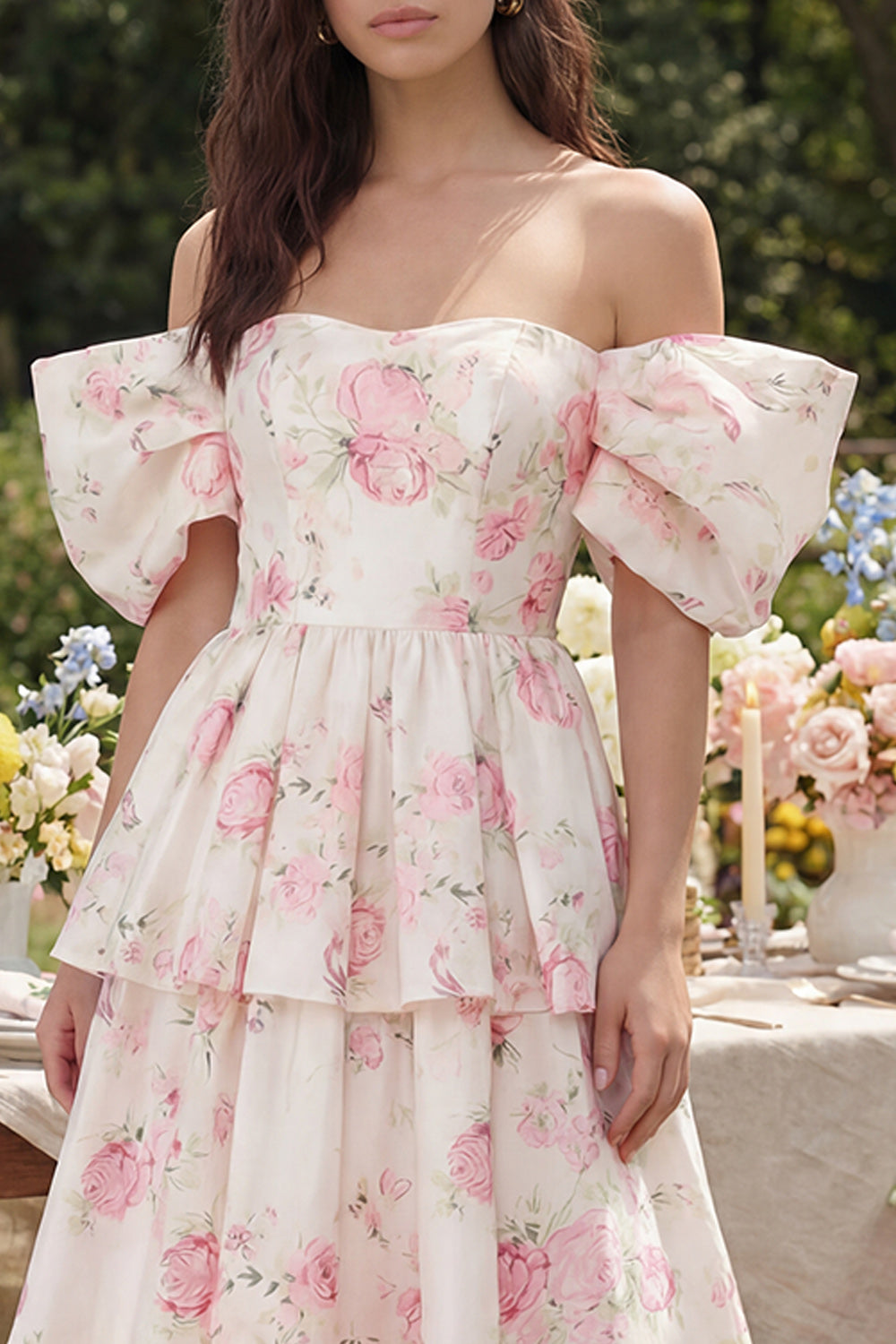 Ruffled White Pink Flower Off the Shoulder Midi Prom Dress