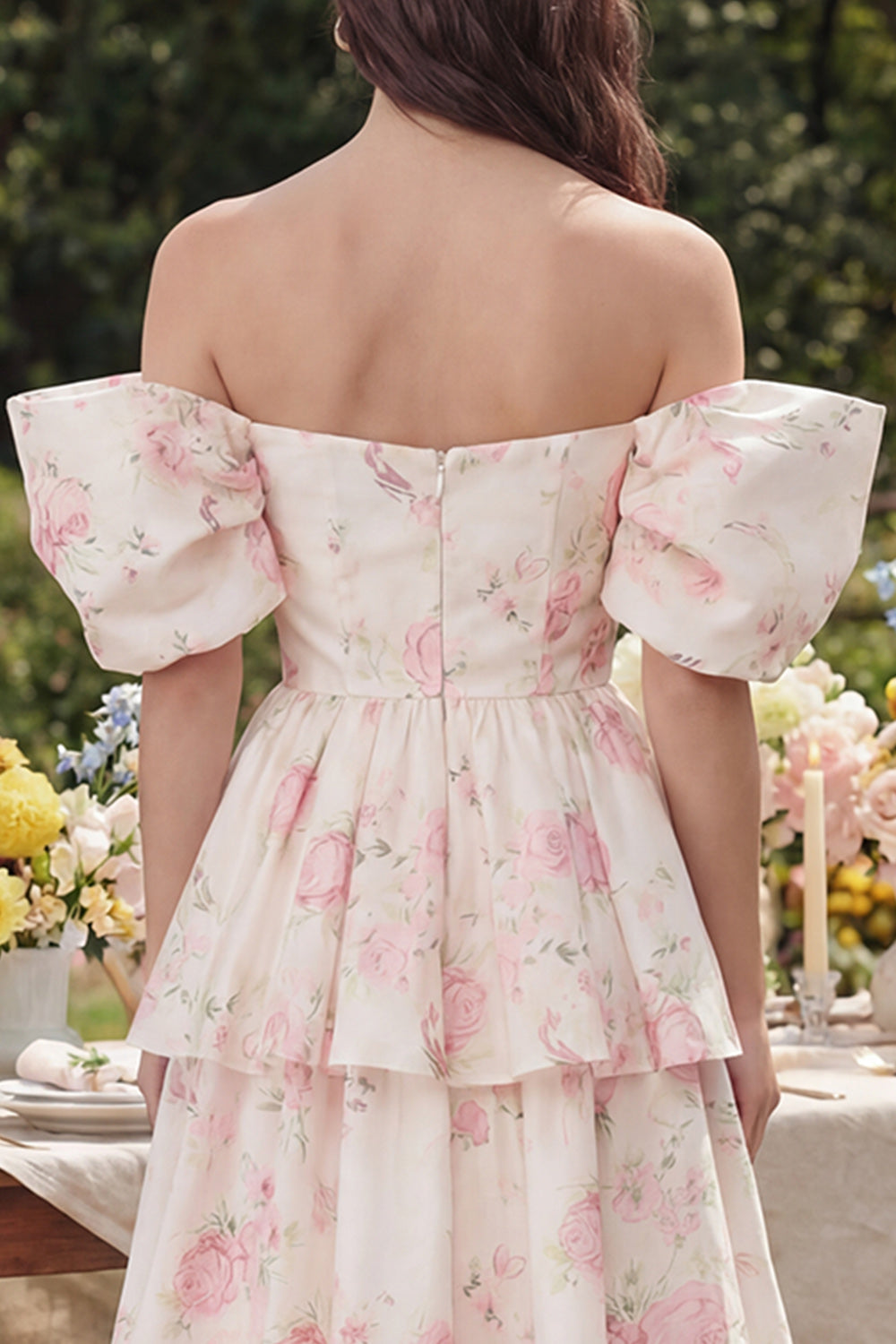 Ruffled White Pink Flower Off the Shoulder Midi Prom Dress