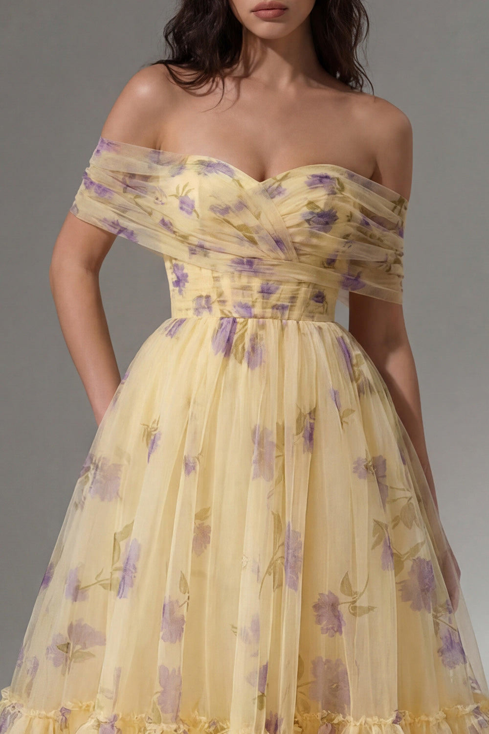 Yellow Flower Tulle A Line Off the Shoulder Long Ruffled Prom Dress