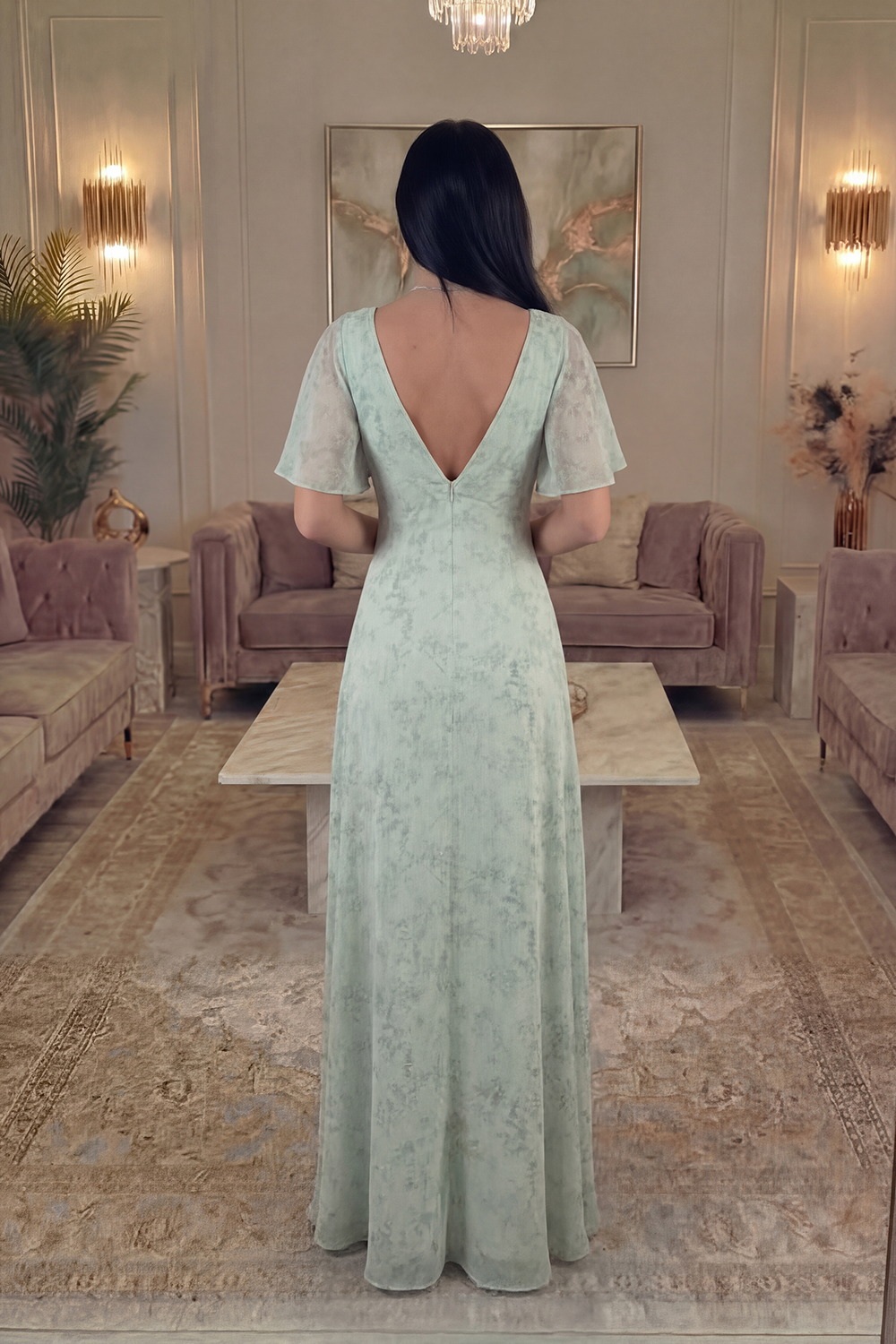 A Line Dusty Sage V Neck Floral Long Gala Dress