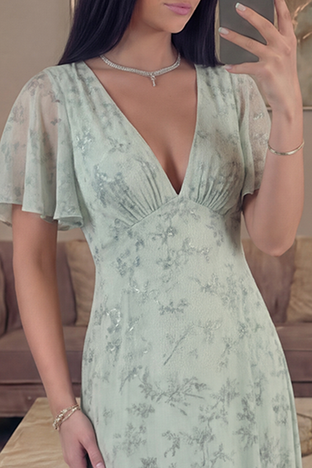 A Line Dusty Sage V Neck Floral Long Gala Dress